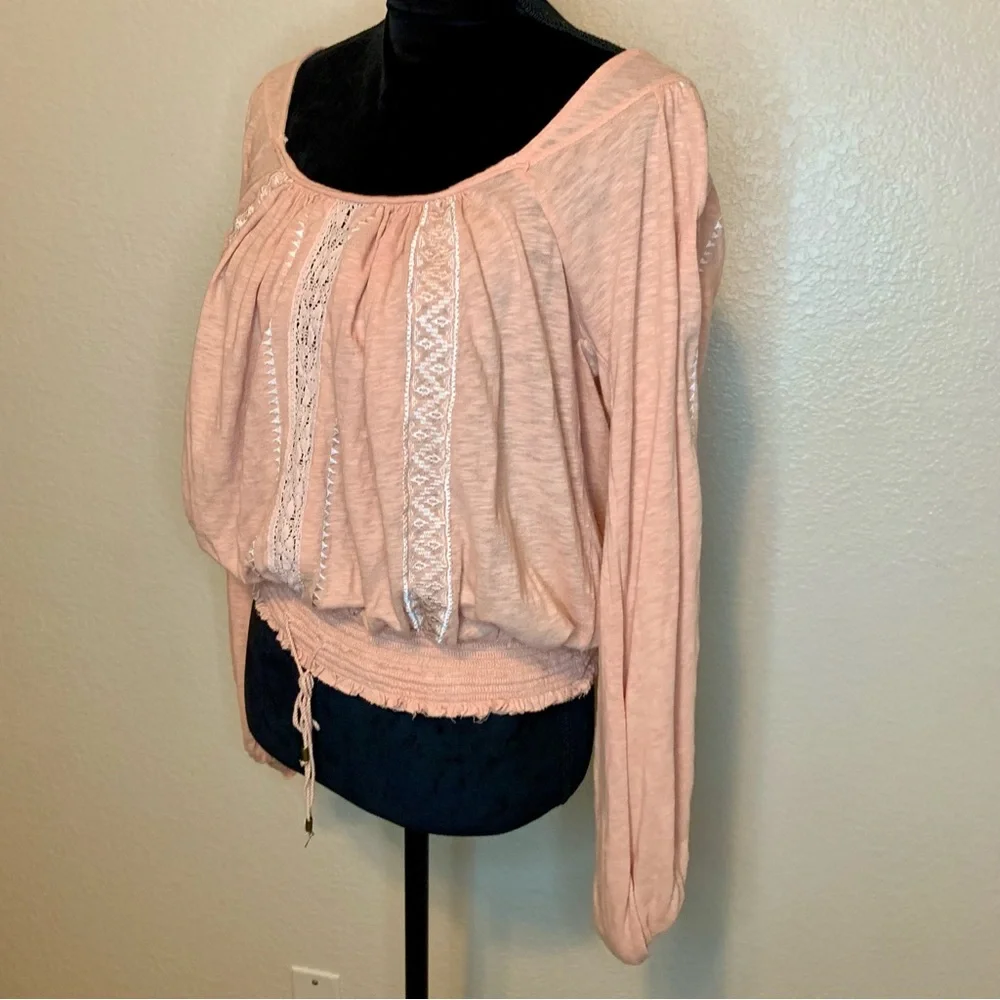 Free People Silverlake Smocked Hem Lace-Up Back Long Sleeve Peasant Top Peach